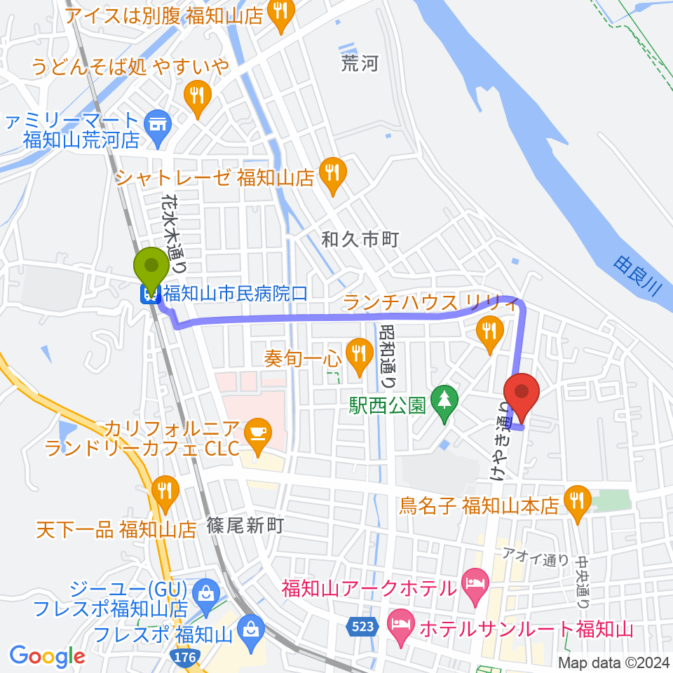 福知山市民病院口駅から福知山STUDIO FARMへのルートマップ地図