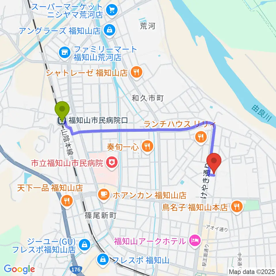 福知山市民病院口駅から福知山STUDIO FARMへのルートマップ地図