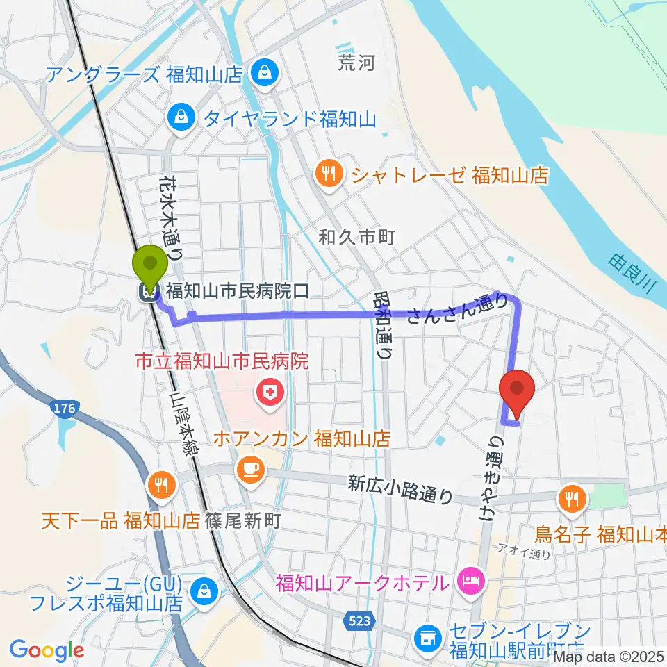 福知山市民病院口駅から福知山STUDIO FARMへのルートマップ地図