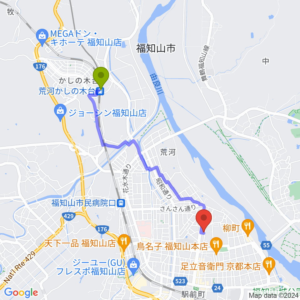 荒河かしの木台駅から福知山STUDIO FARMへのルートマップ地図