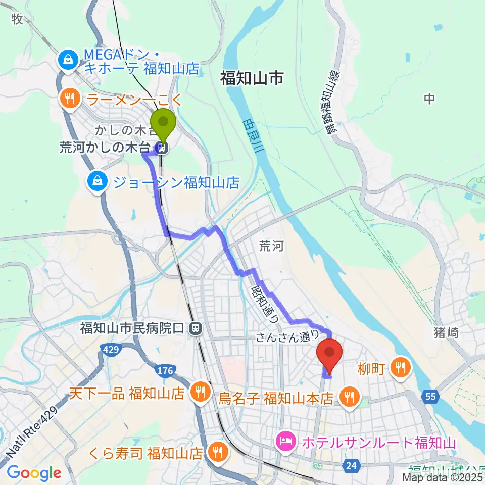 荒河かしの木台駅から福知山STUDIO FARMへのルートマップ地図