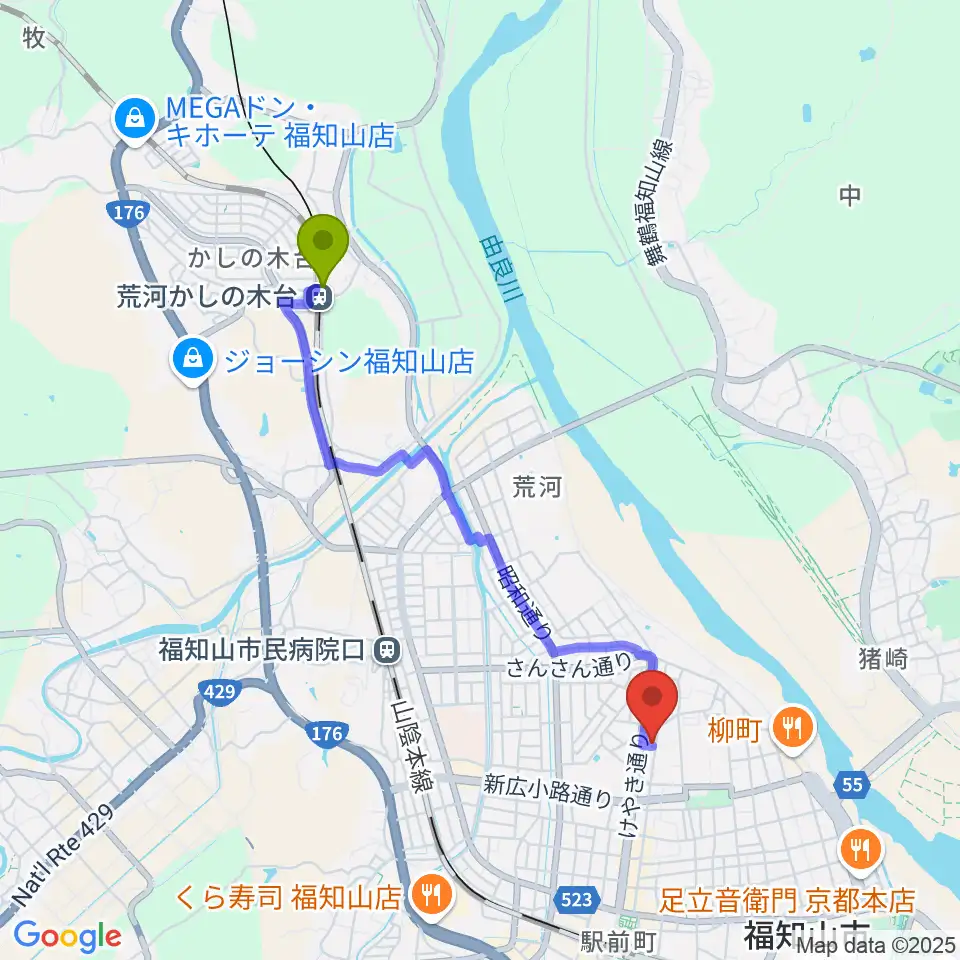 荒河かしの木台駅から福知山STUDIO FARMへのルートマップ地図
