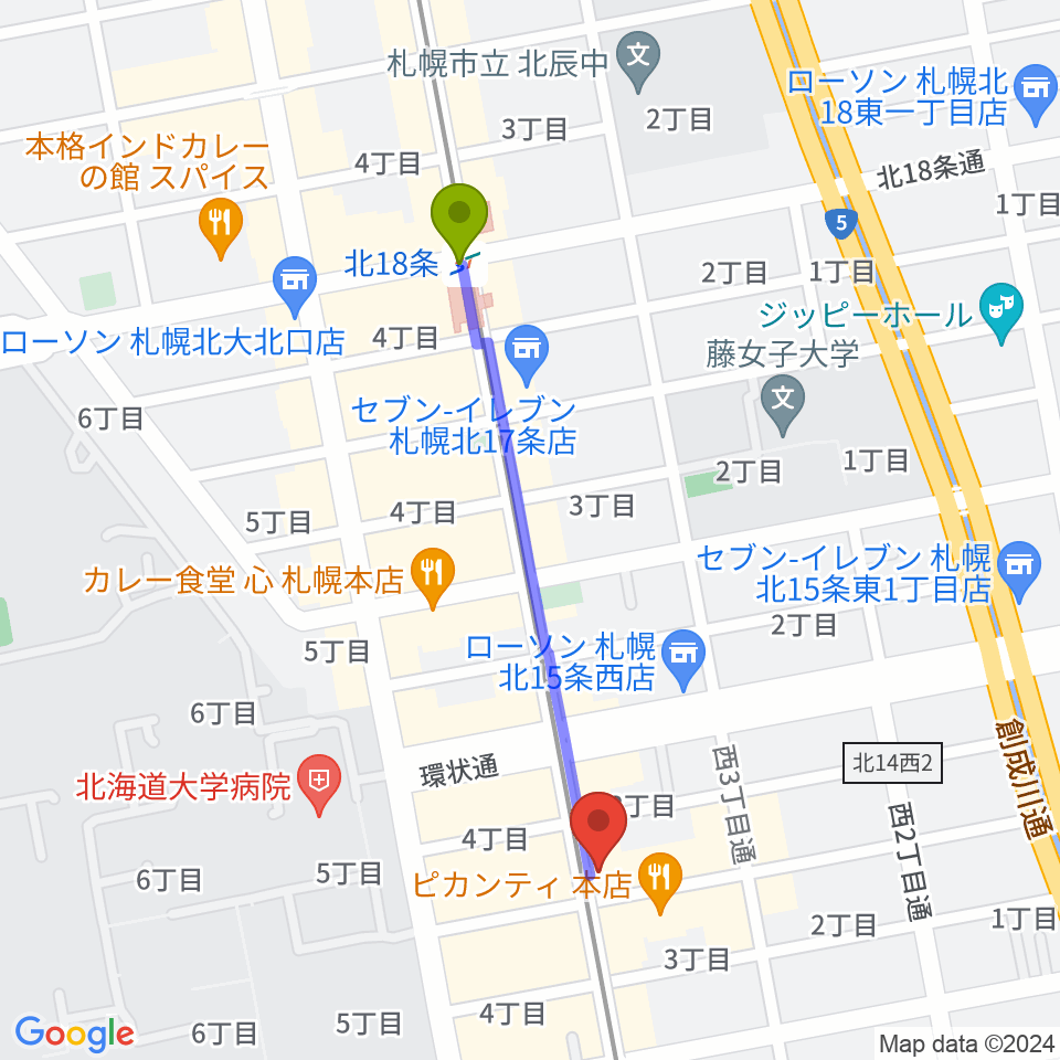 北１８条駅から札幌LOGへのルートマップ地図