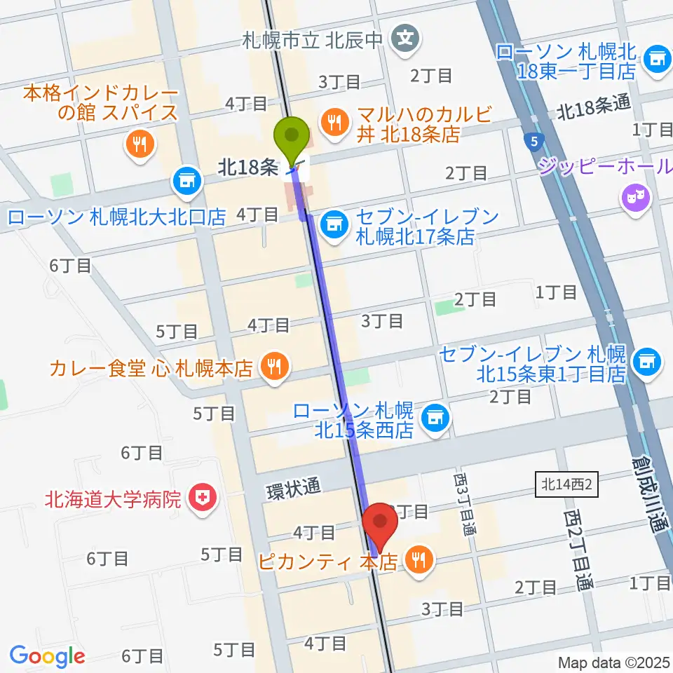 北１８条駅から札幌LOGへのルートマップ地図