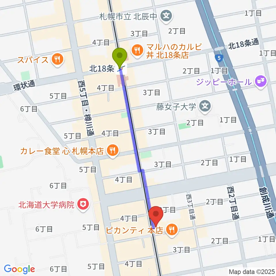 北１８条駅から札幌LOGへのルートマップ地図