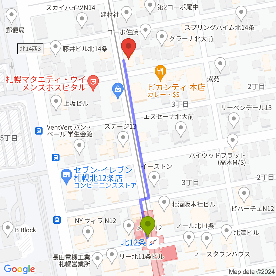 札幌LOGの最寄駅北１２条駅からの徒歩ルート（約5分）地図
