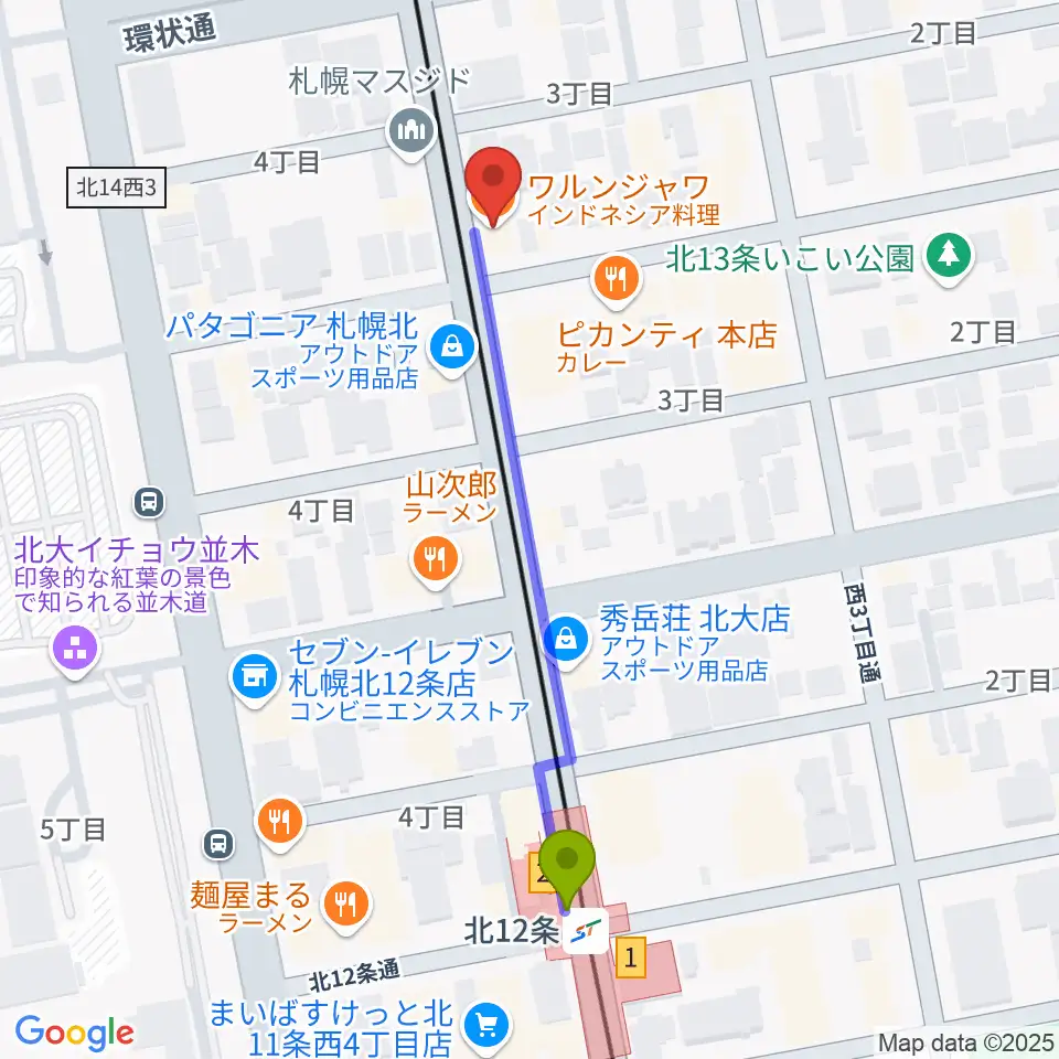 札幌LOGの最寄駅北１２条駅からの徒歩ルート（約5分）地図