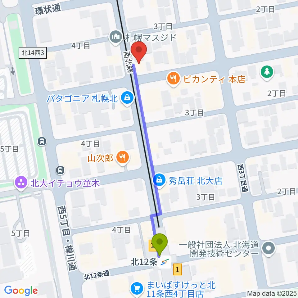 札幌LOGの最寄駅北１２条駅からの徒歩ルート（約5分）地図