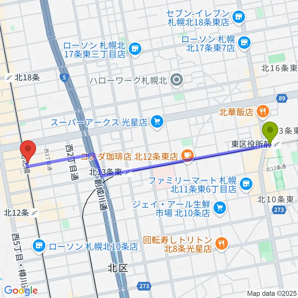 東区役所前駅から札幌LOGへのルートマップ地図
