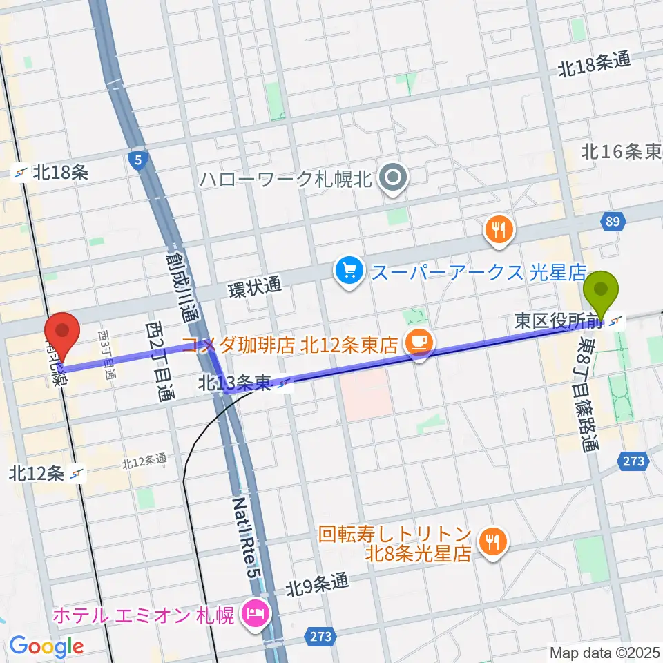東区役所前駅から札幌LOGへのルートマップ地図