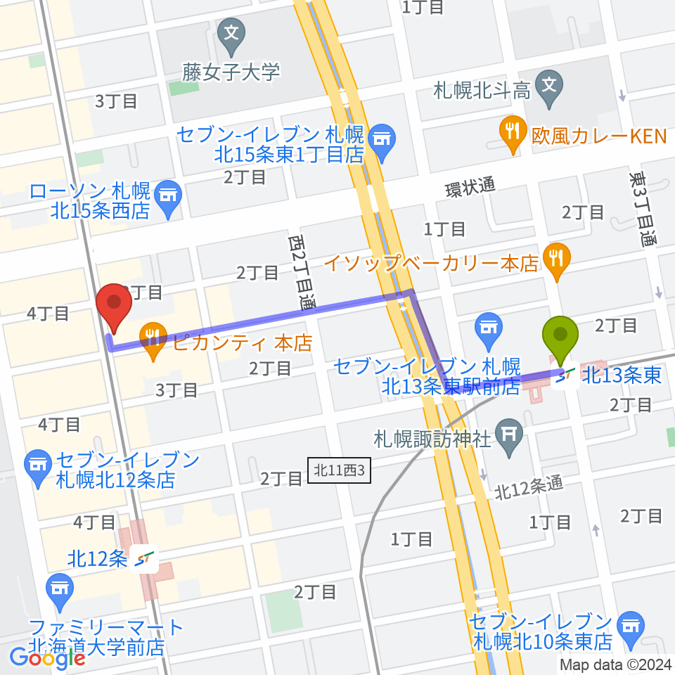 北１３条東駅から札幌LOGへのルートマップ地図