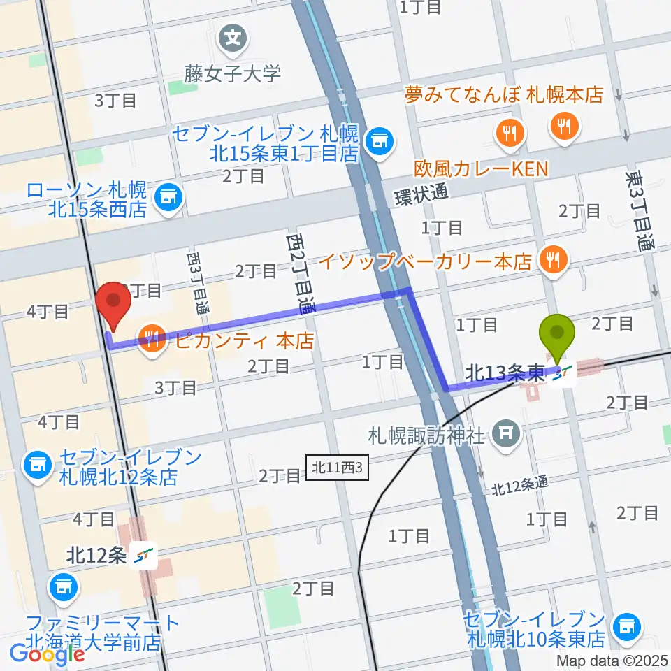 北１３条東駅から札幌LOGへのルートマップ地図