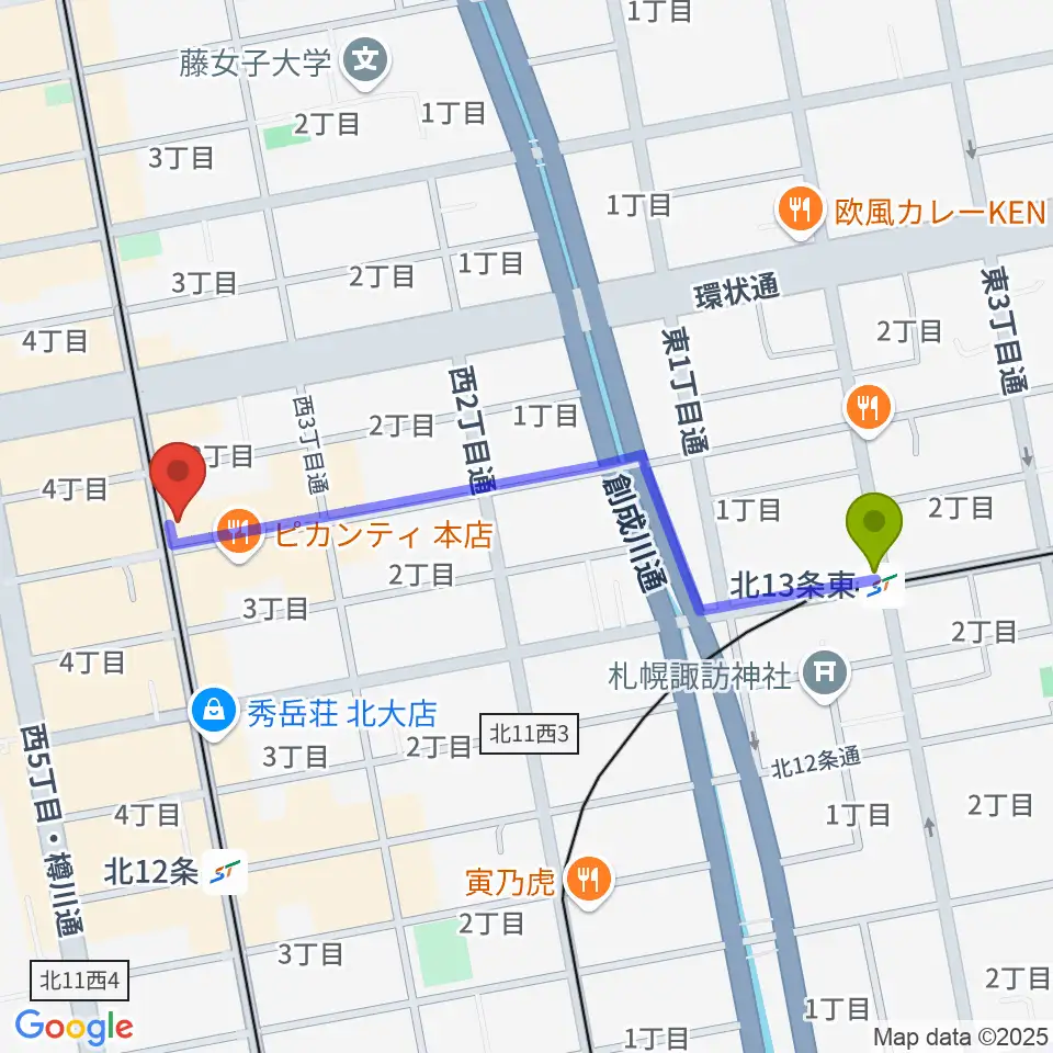 北１３条東駅から札幌LOGへのルートマップ地図