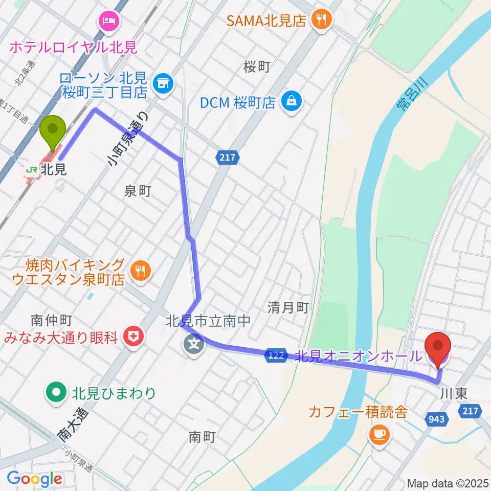 北見オニオンホールの最寄駅北見駅からの徒歩ルート（約25分）地図