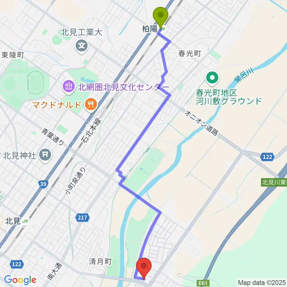 柏陽駅から北見オニオンホールへのルートマップ地図