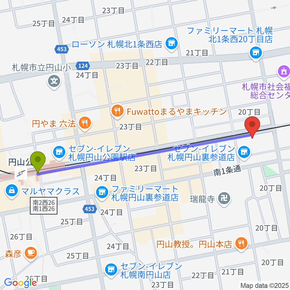 円山公園駅から札幌くう COOへのルートマップ地図