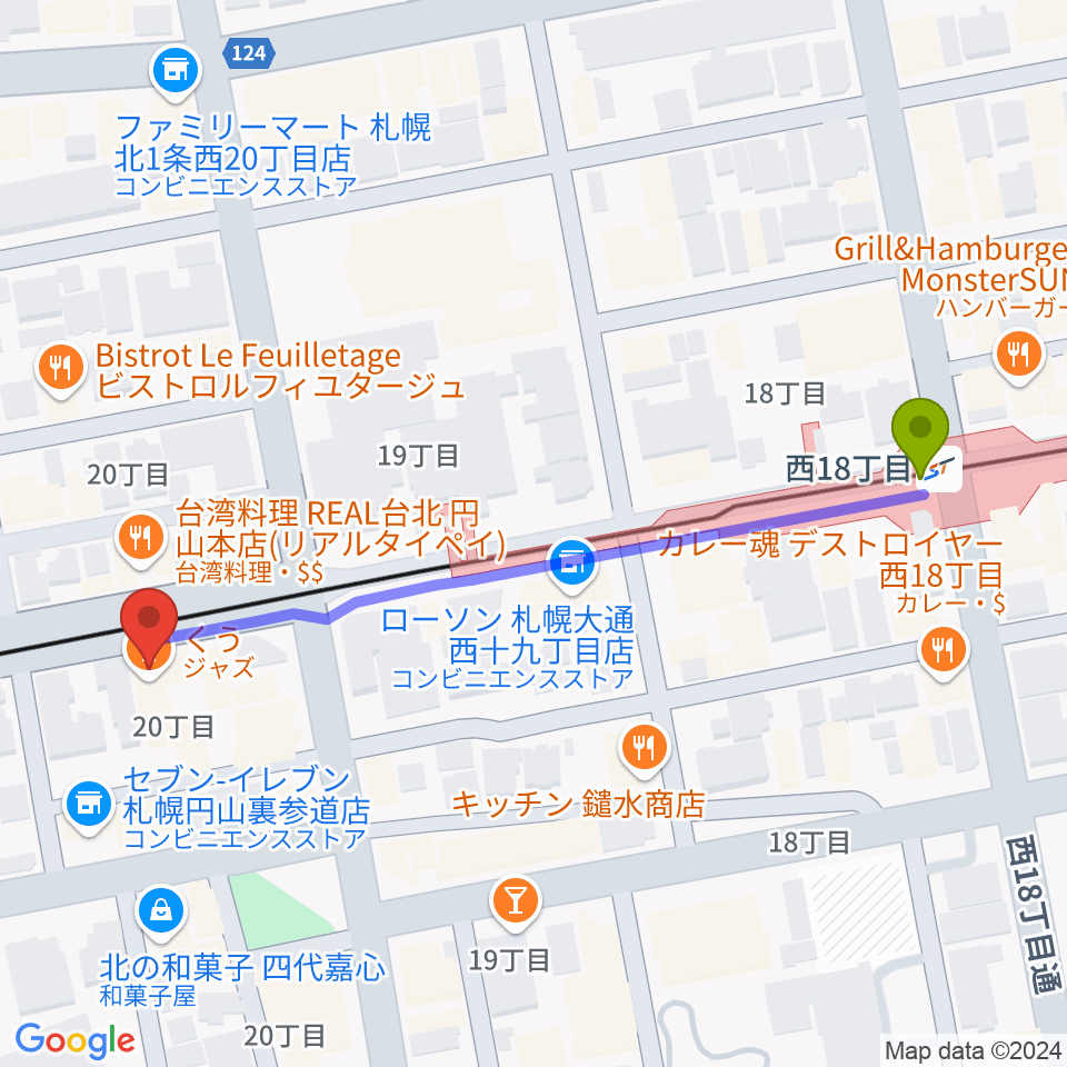 札幌くう COOの最寄駅西１８丁目駅からの徒歩ルート（約5分）地図