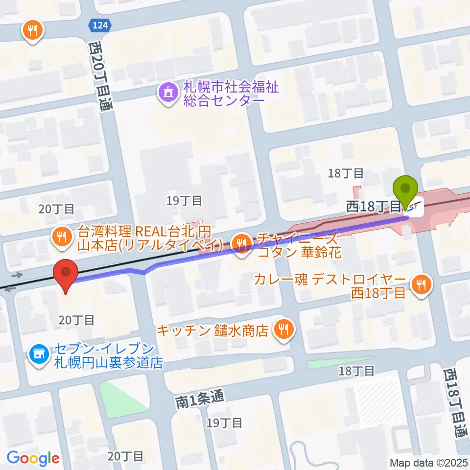 札幌くう COOの最寄駅西１８丁目駅からの徒歩ルート（約5分）地図