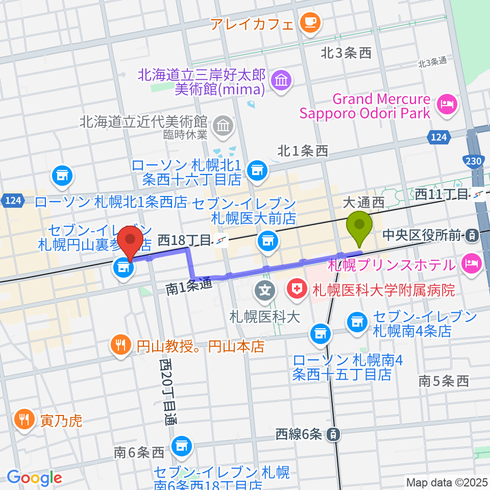 西１５丁目駅から札幌くう COOへのルートマップ地図