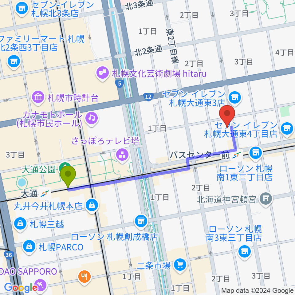 大通駅から札幌SOUND CRUEへのルートマップ地図