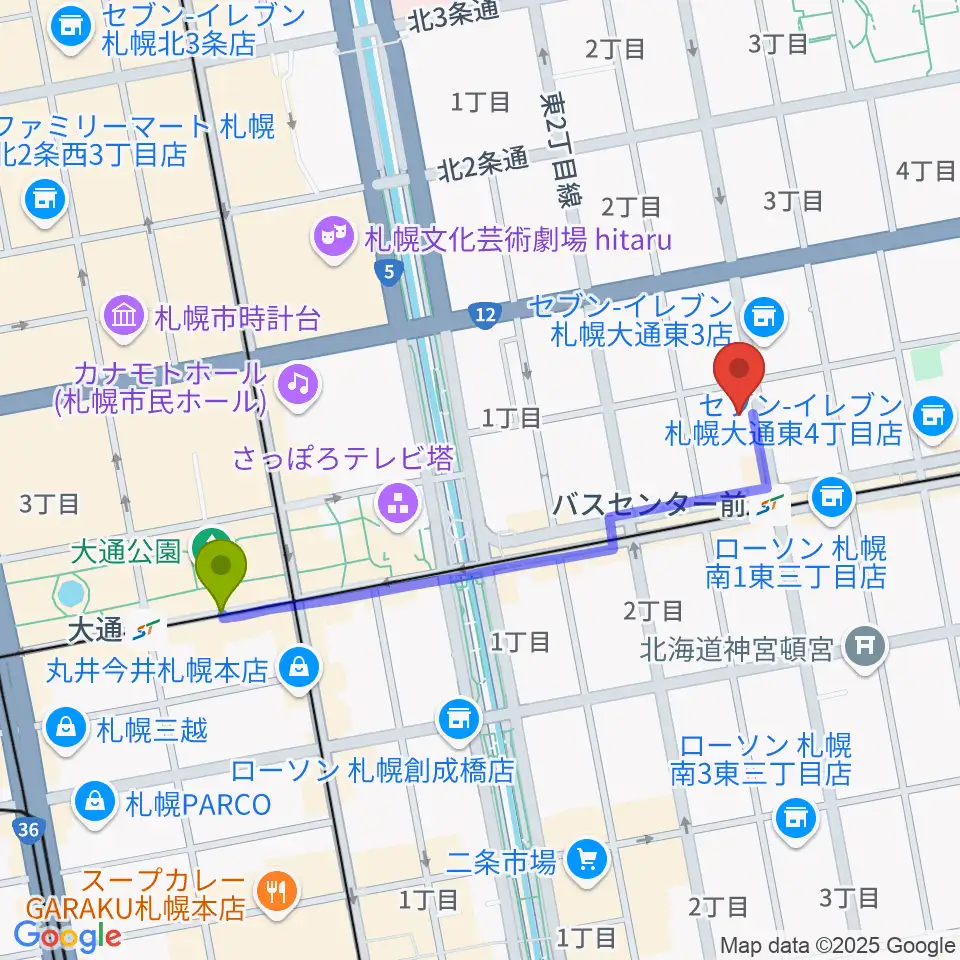 大通駅から札幌SOUND CRUEへのルートマップ地図