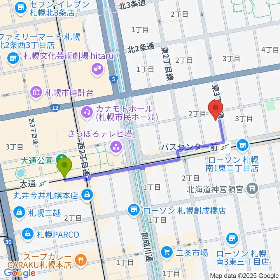 大通駅から札幌SOUND CRUEへのルートマップ地図