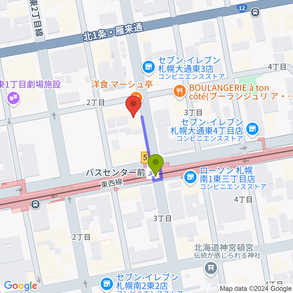 札幌SOUND CRUEの最寄駅バスセンター前駅からの徒歩ルート（約1分）地図