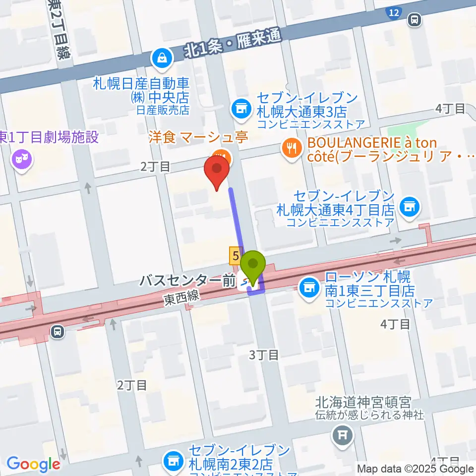 札幌SOUND CRUEの最寄駅バスセンター前駅からの徒歩ルート（約1分）地図