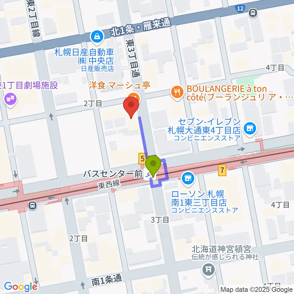 札幌SOUND CRUEの最寄駅バスセンター前駅からの徒歩ルート（約1分）地図