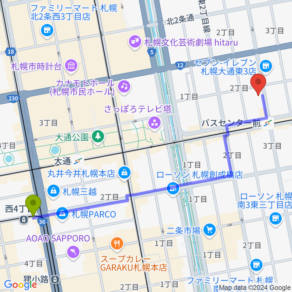 西４丁目駅から札幌SOUND CRUEへのルートマップ地図