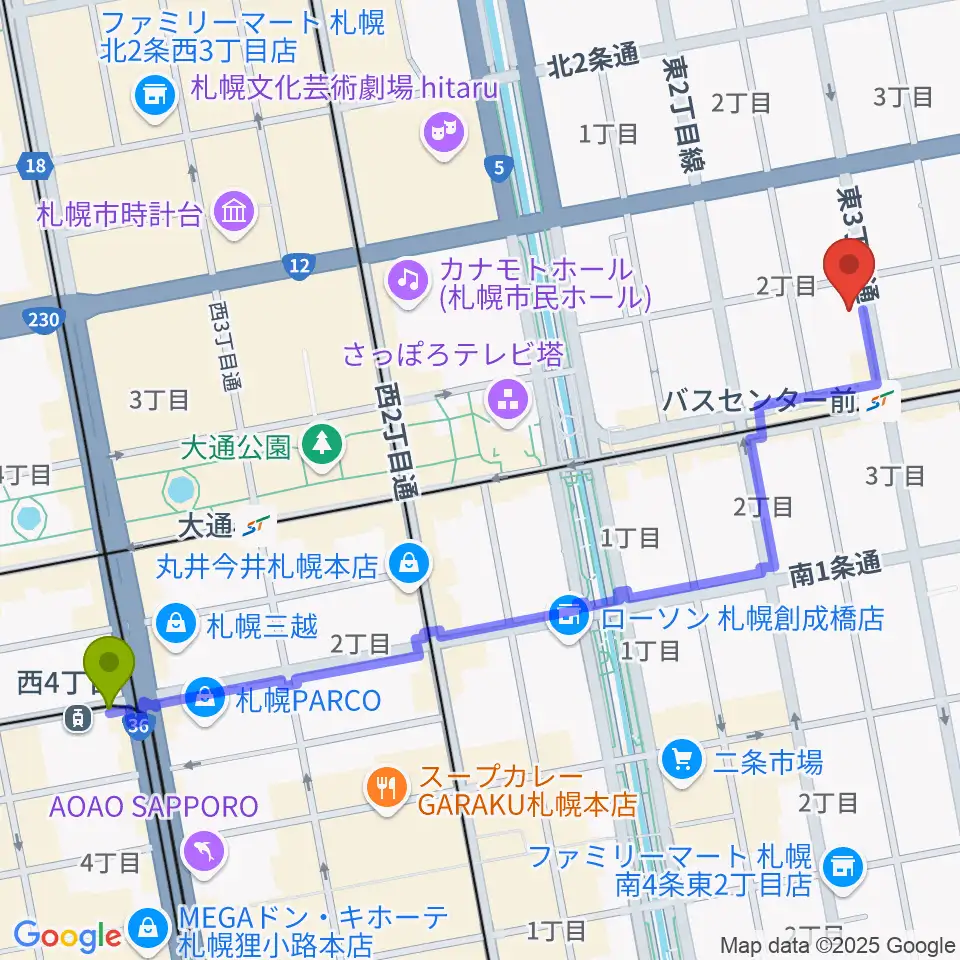 西４丁目駅から札幌SOUND CRUEへのルートマップ地図