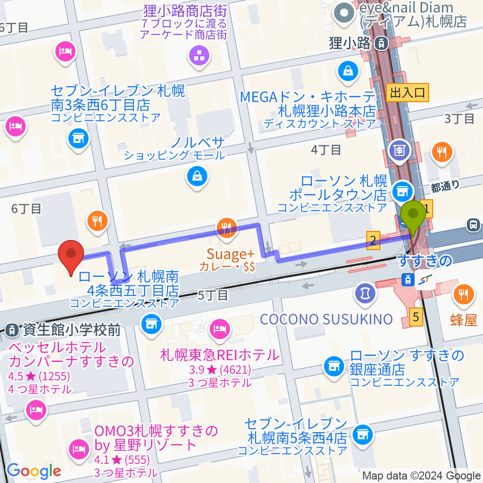 すすきの駅からBESSIE HALLへのルートマップ地図