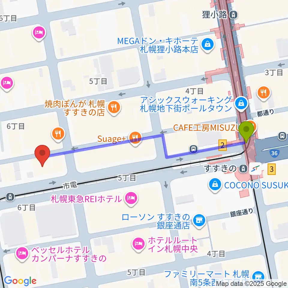 すすきの駅からBESSIE HALLへのルートマップ地図