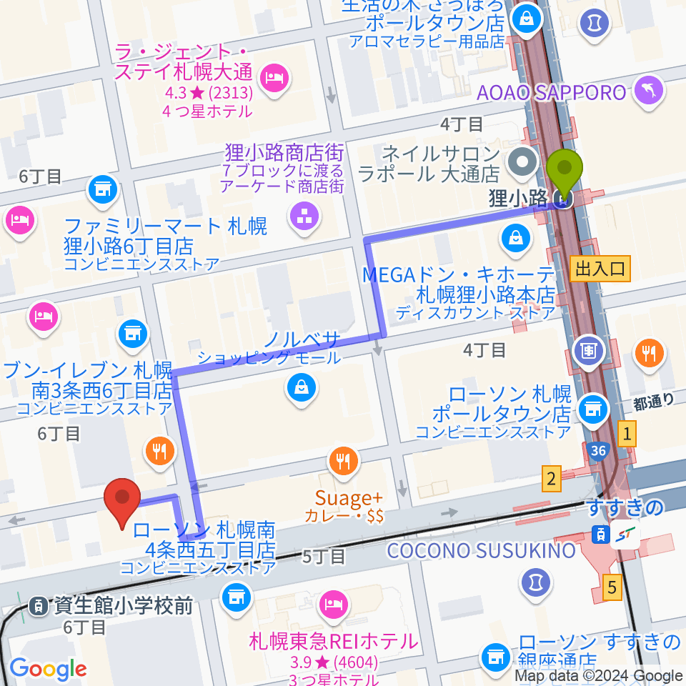 狸小路駅からBESSIE HALLへのルートマップ地図