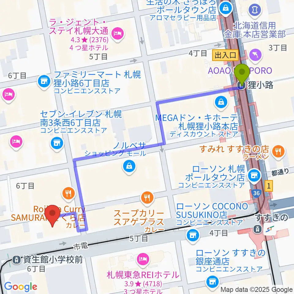 狸小路駅からBESSIE HALLへのルートマップ地図