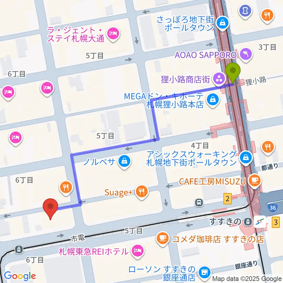 狸小路駅からBESSIE HALLへのルートマップ地図