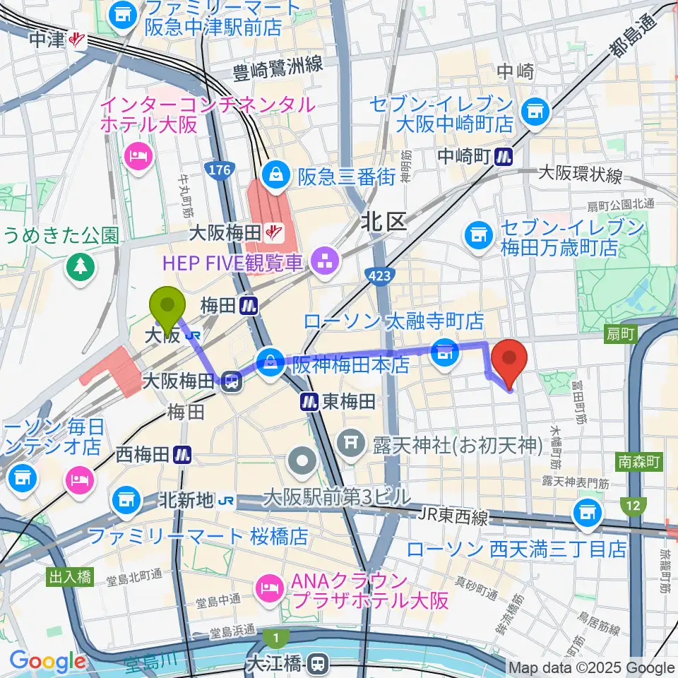 大阪駅から梅田ハードレインへのルートマップ地図