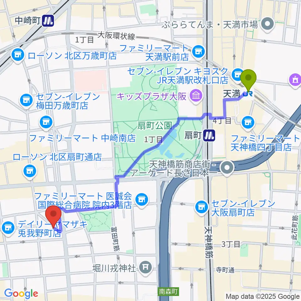 天満駅から梅田ハードレインへのルートマップ地図