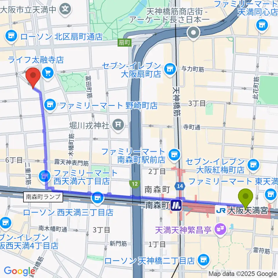 大阪天満宮駅から梅田ハードレインへのルートマップ地図