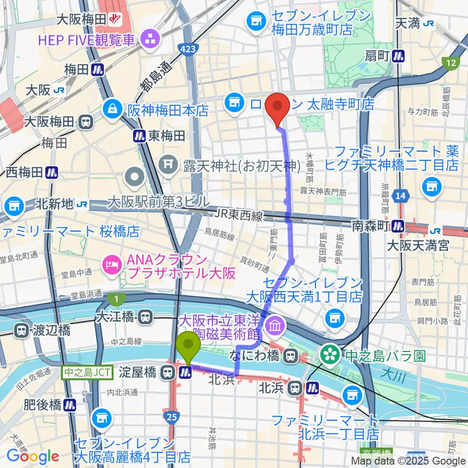 淀屋橋駅から梅田ハードレインへのルートマップ地図