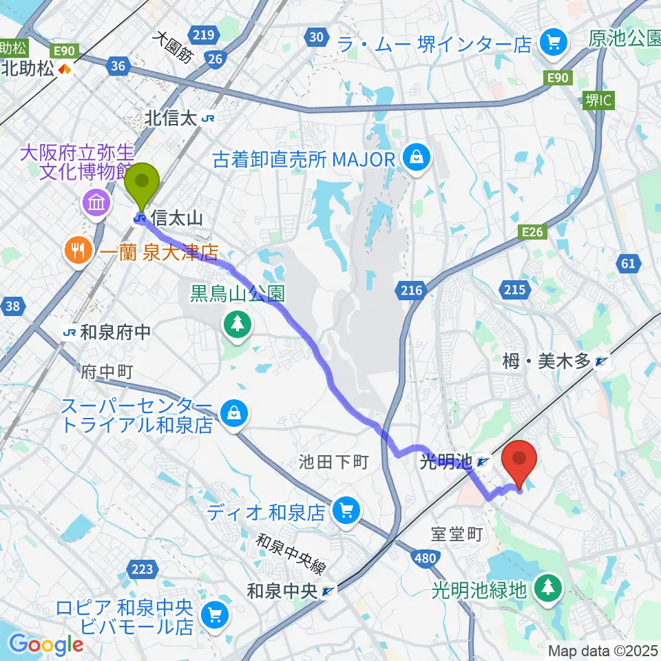 信太山駅から山本音楽教室へのルートマップ地図