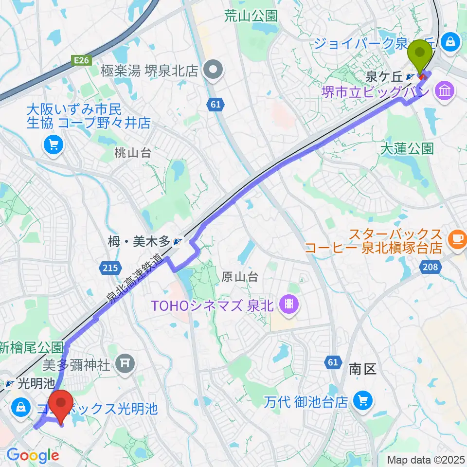 泉ヶ丘駅から山本音楽教室へのルートマップ地図
