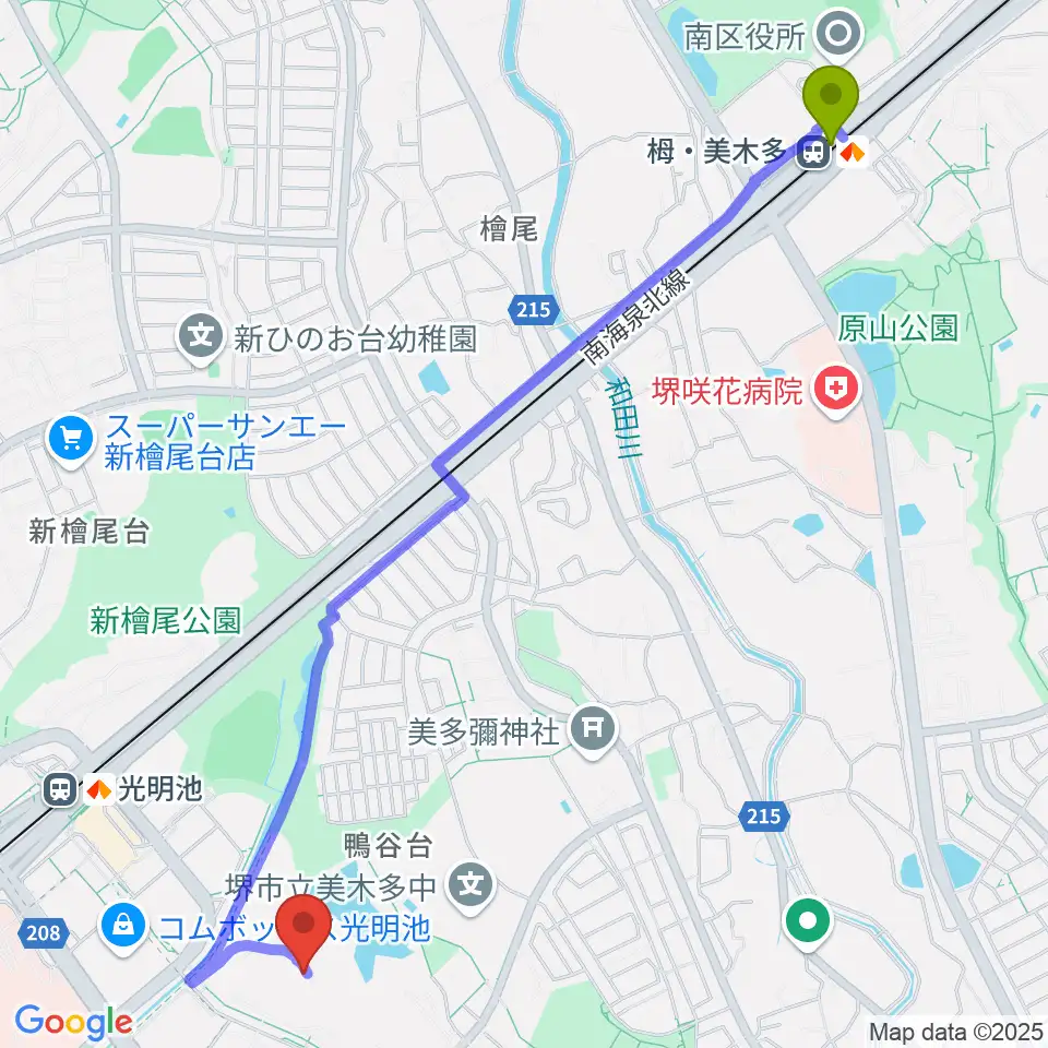 栂・美木多駅から山本音楽教室へのルートマップ地図