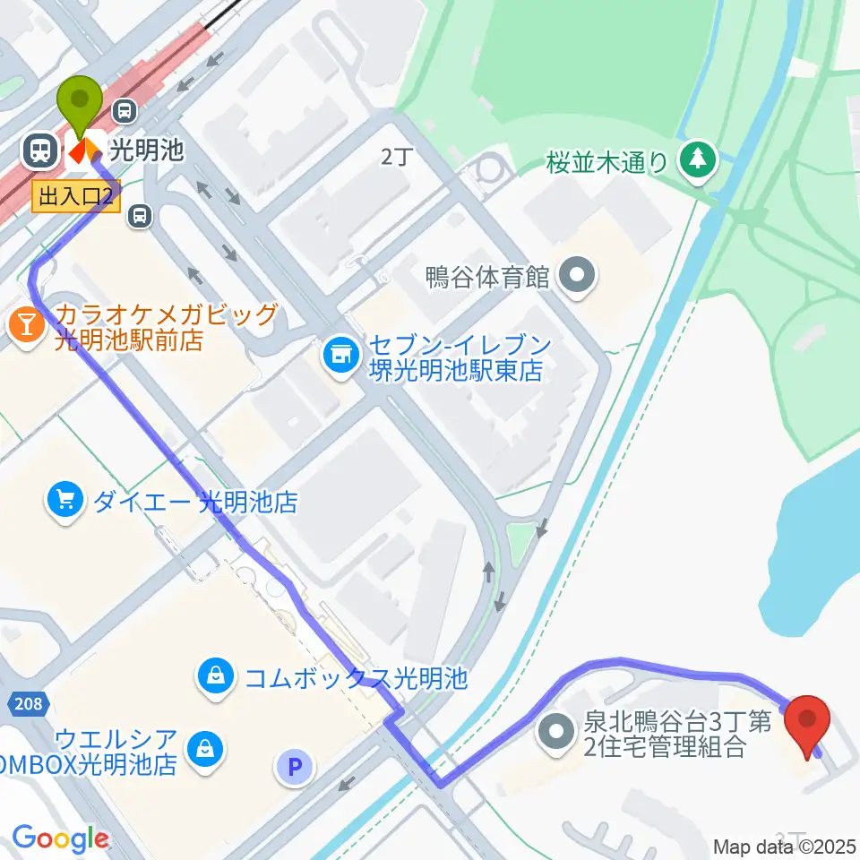 山本音楽教室の最寄駅光明池駅からの徒歩ルート（約9分）地図