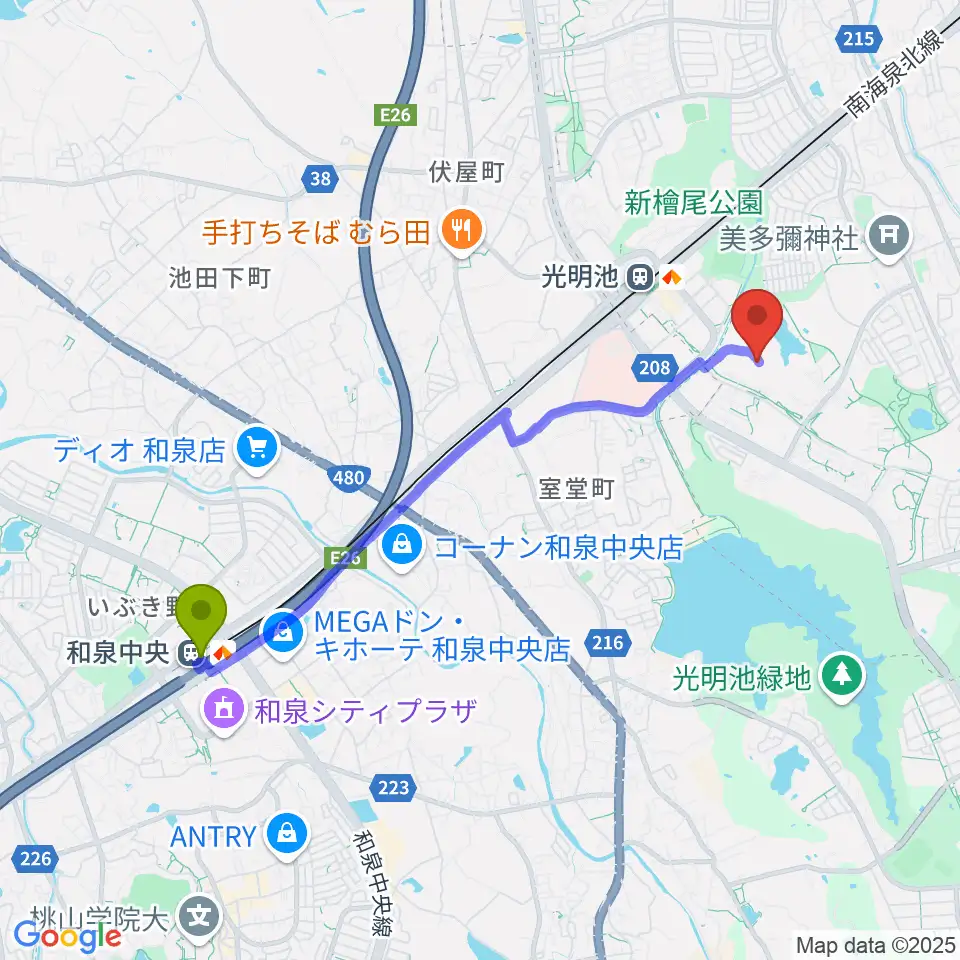 和泉中央駅から山本音楽教室へのルートマップ地図
