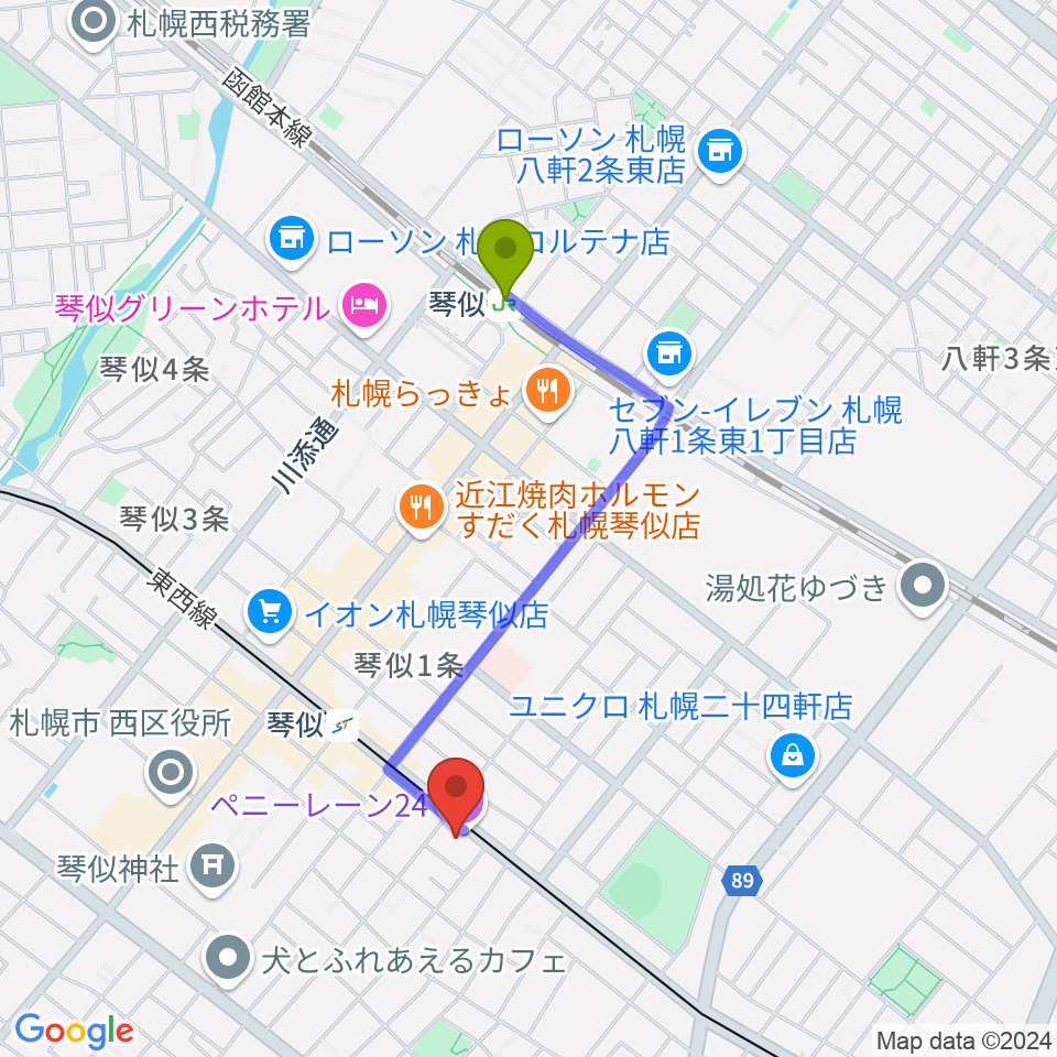 琴似駅から札幌ペニーレーン24へのルートマップ地図