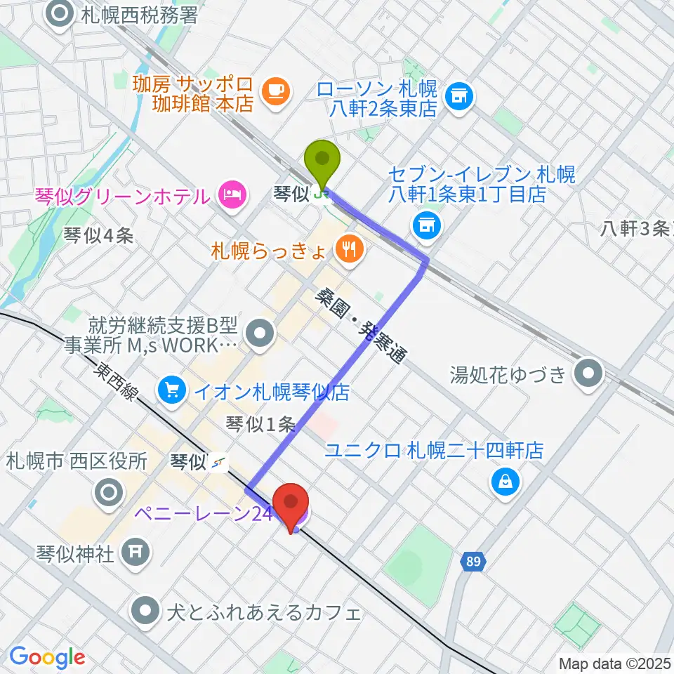 琴似駅から札幌ペニーレーン24へのルートマップ地図