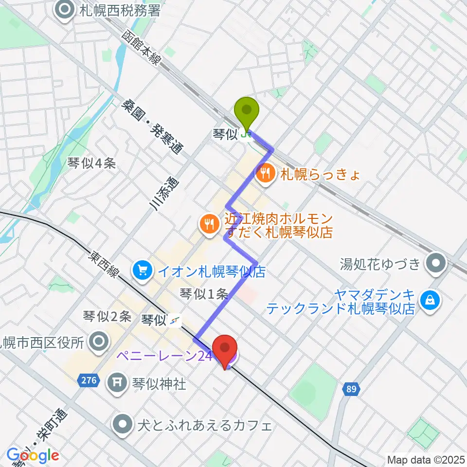 琴似駅から札幌ペニーレーン24へのルートマップ地図