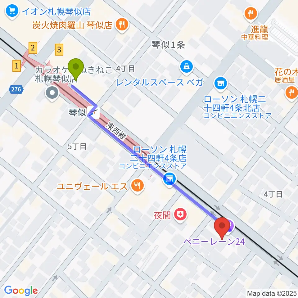 札幌ペニーレーン24の最寄駅琴似駅からの徒歩ルート（約5分）地図