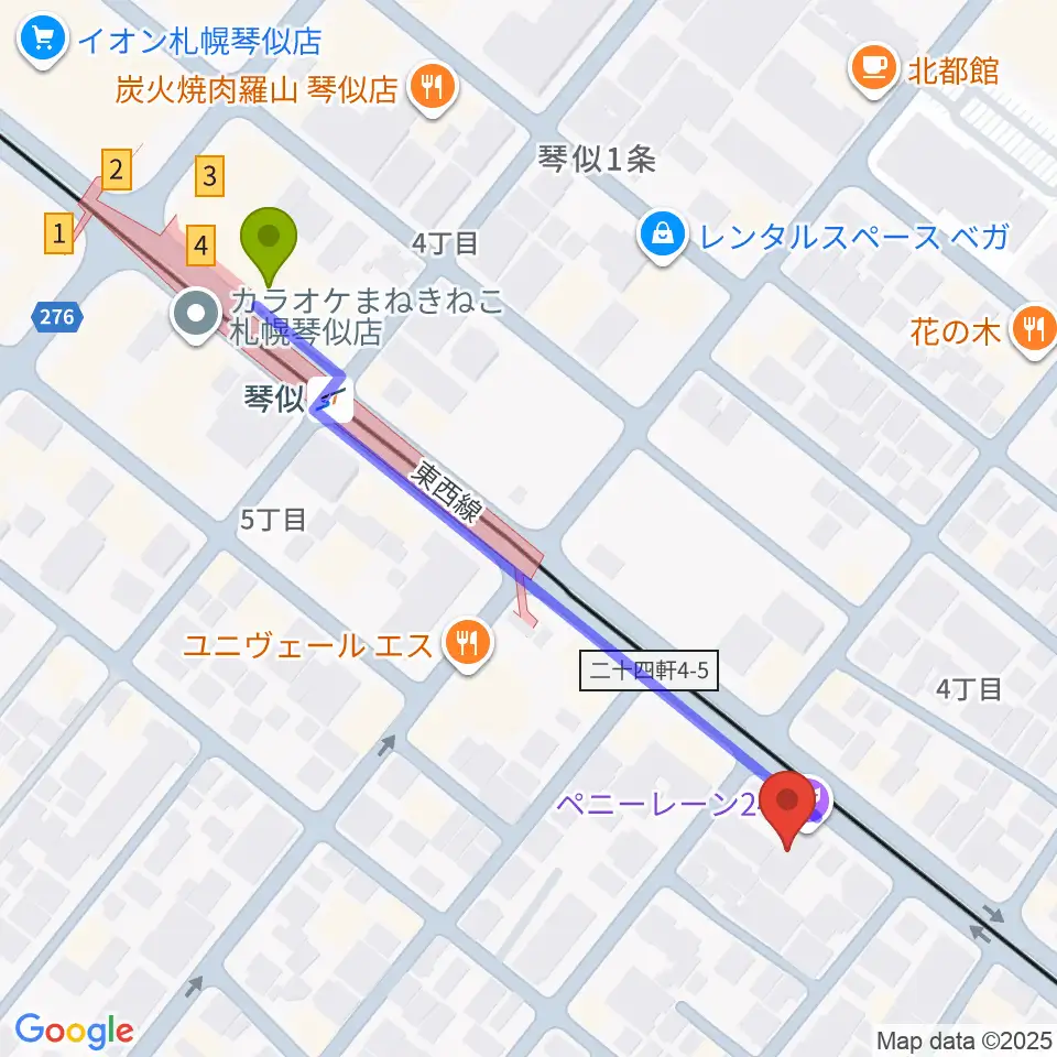 札幌ペニーレーン24の最寄駅琴似駅からの徒歩ルート（約5分）地図